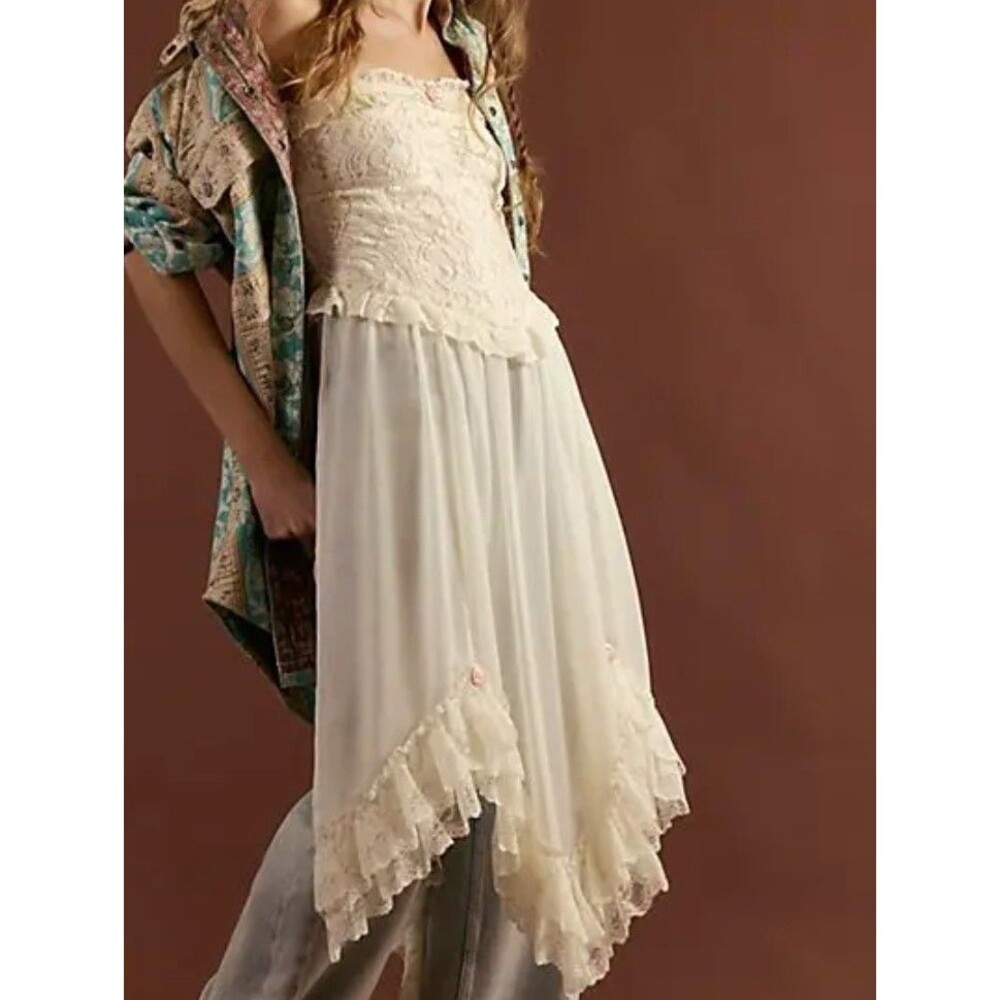 Free People Jocelyn Maxi Tunic Top Strapless Tube Sweetheart Neck Lace Ruffle S
